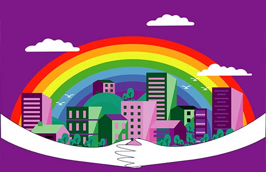 Ilustración de una ciudad con arcoíris, abrazada por dos brazos, representando el cuidado de una ciudad
